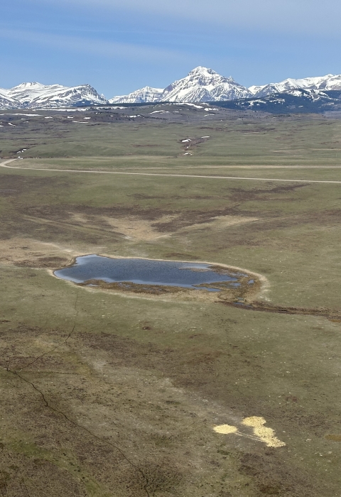 aerial view of a landscape with mountains and grasslands and a lake