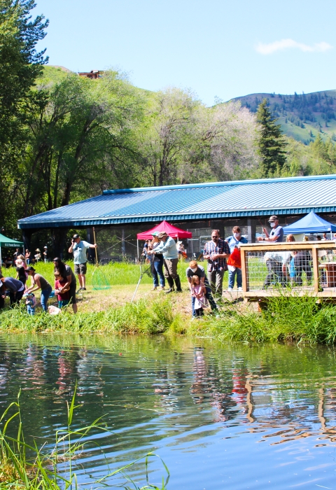 People gather around a trout pond with fishing poles and nets