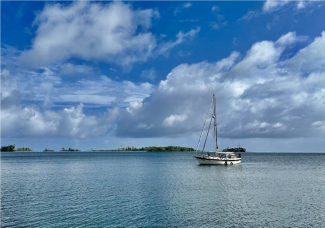 A visiting sailboat at Palmyra Atoll National Wildlife Refuge.