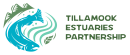 Artistic logo, close up of blue fish turns to the right while swimming in a river with green mountains in the distance on the left bank. Tillamook Estuaries Partnership name is in green on the right side of the logo.
