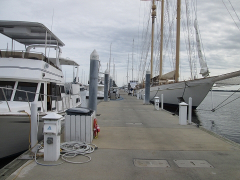 View of boats docking at Charleston City wharf