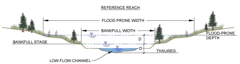 A cross section of a reference reach showing a bankfull channel and the adjacent floodplain. The flood prone depth and width is derived from a horizontal line drawn at times the maximum bankfull depth and the intersection of the natural terrain.