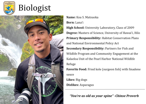 A profile card of Koa. It talks about his likes, dislikes, jobs, and education.