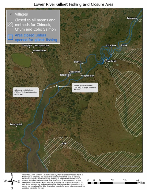 A map of the Kuskokwim River from about 18 miles south of Eek to Tuluksak. A blue line outlines areas on both sides of the river the entire length shown and says that fishing is closed unless opened for gillnet fishing. Areas stretching from the south river's east edge up to Eek and further East., and north at Kwethluk and south eeast and north east are closed to all means and methods for Chinook, Chum and Coho salmon. (Continued in caption).