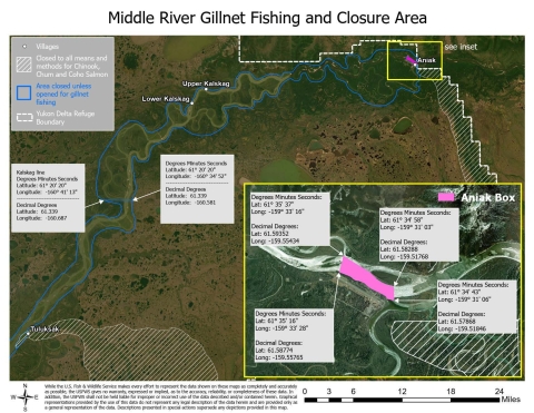 A map of the middle Kuskokwim River from about 3 miles downriver of Tuluksak up to Aniak and down river east past Aniak. A blue line outlines areas on both sides of the river the entire length shown and says that fishing is closed unless opened for gillnet fishing from Tuluksak to Aniak. (Continued in caption).