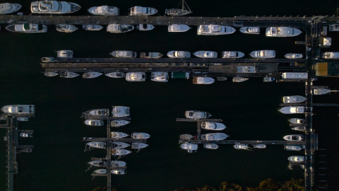 Aerial view of Safe Harbor Charleston City Marina and the vessels dock there. 