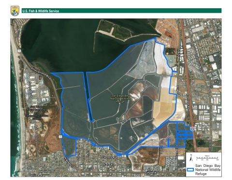 Map of South San Diego Bay Unit of San Diego Bay National Wildlife Refuge. The map shows the refuge boundary in a blue layer and covers the salt ponds and eastern boundary across Saturn Boulevard. For more information, contact the refuge manager at (619) 964-1980.
