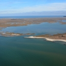 Aerial view of sea and island shows shoreline bolstered by oyster reefs