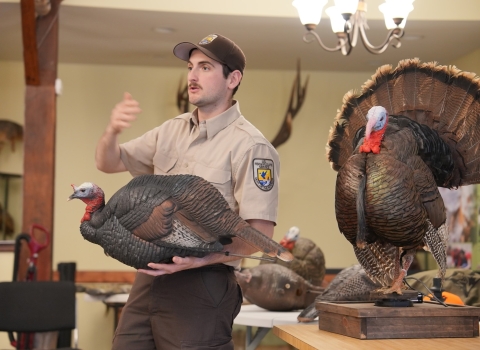 Refuge Employee talks to a group about wild turkey hunting
